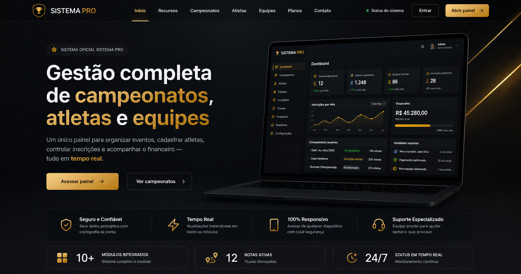 Painel Campeonatos Pro em um notebook